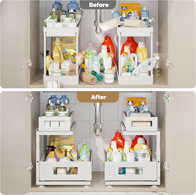 Corbyles 2 Pack Under Sink Organizer with Next-Gen Ball-Bearing Slides,2-Tier Pull Out Cabinet Storage,Height Adjustable Drawer Shelf for Bathroom,Kitchen,Laundry,Cabinet,Pantry(Patent Pending)