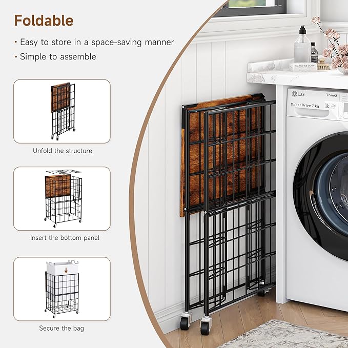 90L Laundry Basket with Wheels, Large Capacity Laundry Hamper with Removable Liner Bags, Heavy Duty Laundry Sorter with Solid Wood Lid & Leather Handles (Beige) TLH001B01