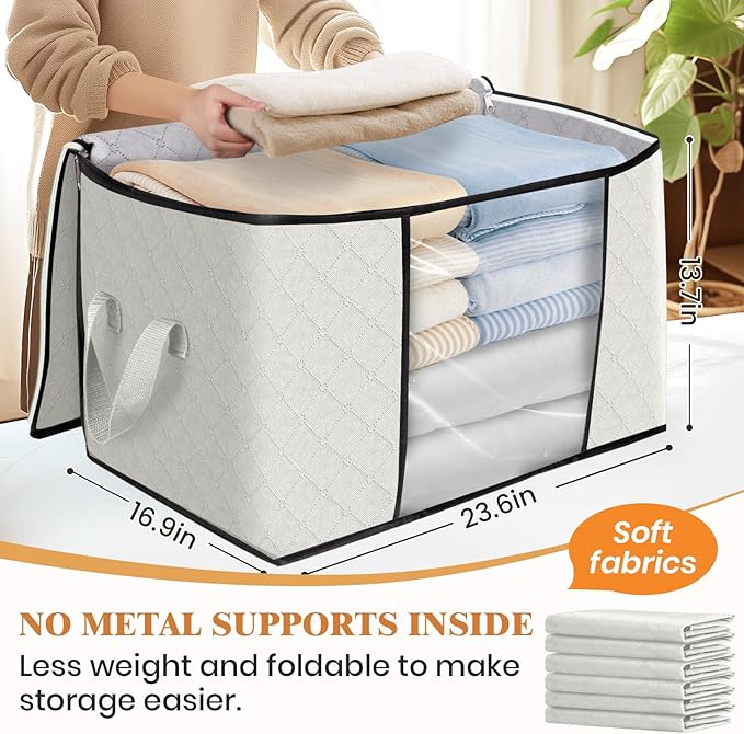 Fab totes 24 Gallons Clothes Storage, Foldable Thick Fabric Blanket Storage Bags, Containers for Organizing Bedroom, Closet, Clothing, Comforter, Organization with Handle (6 Pack,Ivory)