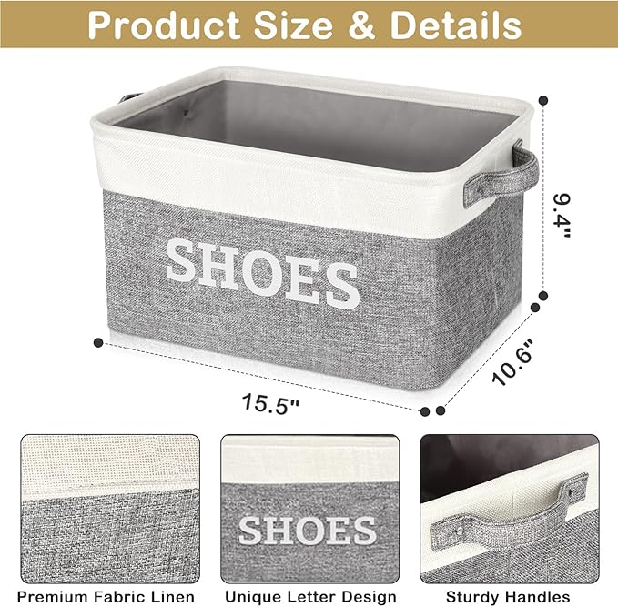 Lukeline Fabric Shoe Basket for Entryway, Hallway or Mudroom - Flodable Space-Saving Storage Bin for Closet, Decorative Home Decor (Large)