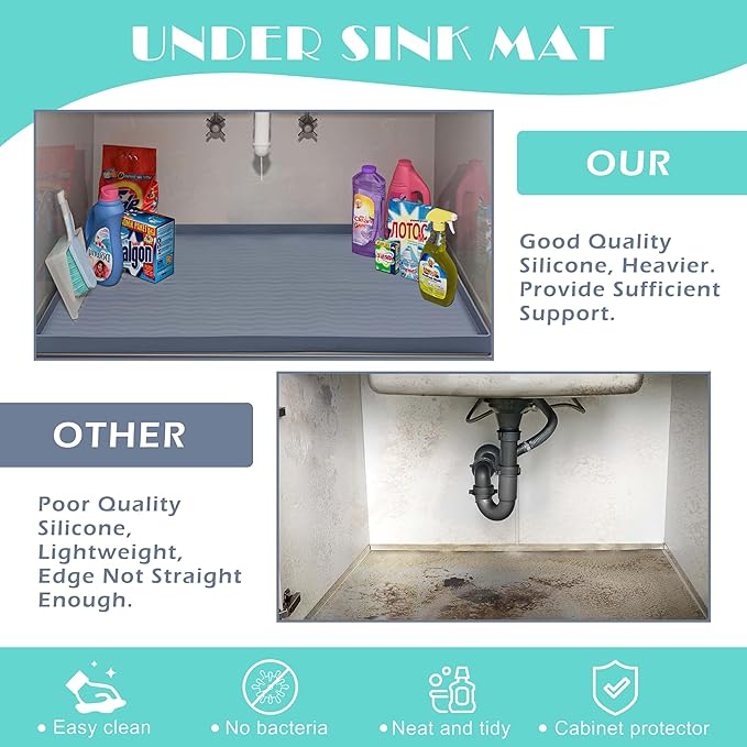 URMONA Waterproof Silicone Under Sink Mat 22'' x 19'' Shelf Liner for Kitchen and Bathroom, Cabinet and Counter Protector, Storage and Organizers, Litter Mat, Pet Cat Puppy Essentials(Navy)