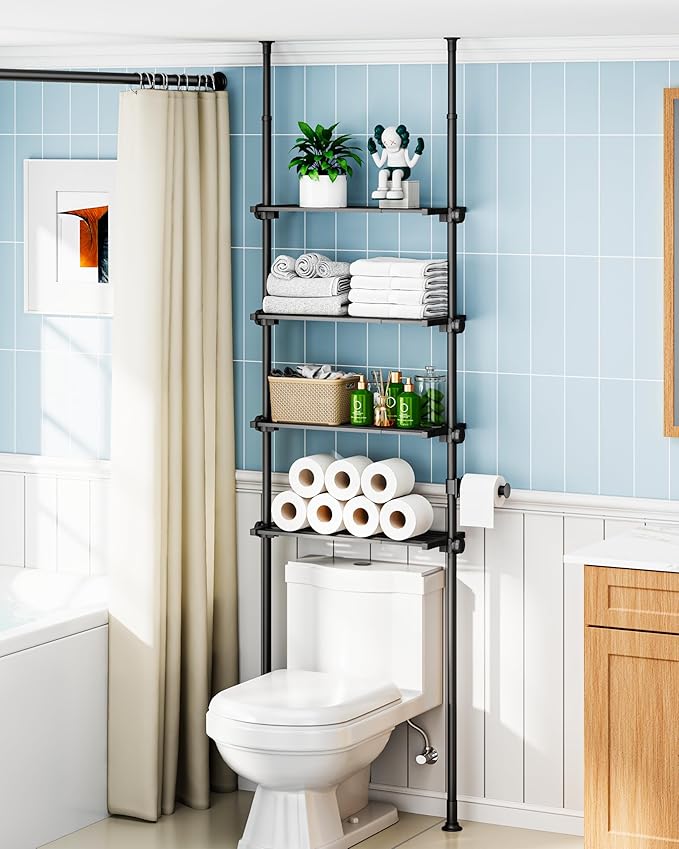 ALLZONE Over The Toilet Storage Cabinet, 4-Tier Adjustable Bathroom Shelves, 22-34 Inch Wide, Tension Mounted Organizer, Space-Saver Narrow Shelf, Fits 66-115 Inch Heights, Black