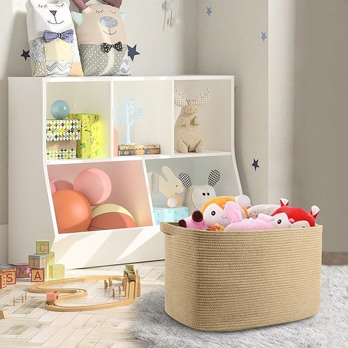 Large Jute Rectangle Rope Basket, 23.6" x 17" x 12" Blanket Storage for Living Room, Pool Towel Basket, Woven Baby Floor Laundry Hamper for Clothes, Toy Storage Bin, Bathroom Towel Storage