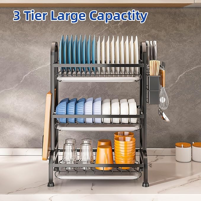 Dish Drying Rack 3 Tier Large Capacity Kitchen Dish Draining Rack Countertop Cultery Drainer with Drip Tray