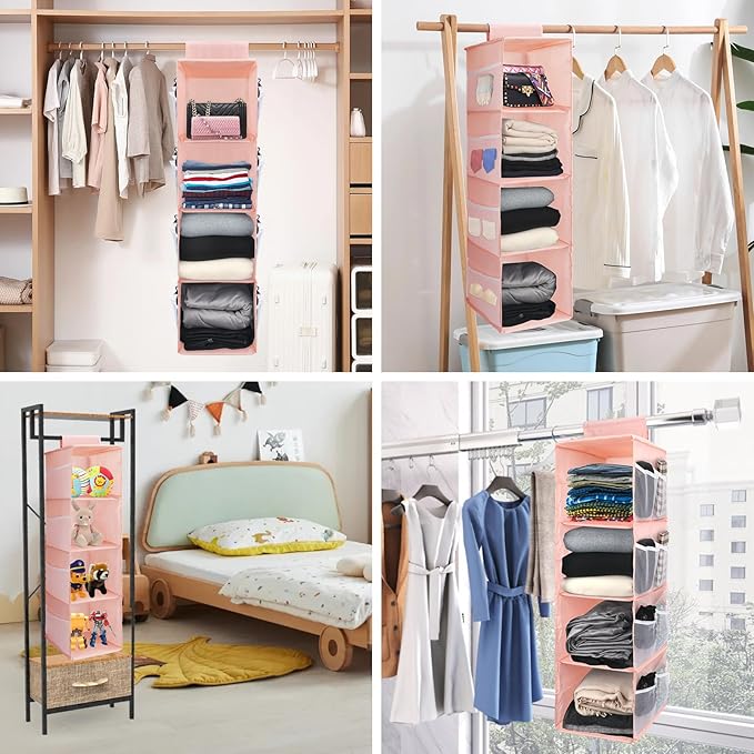 PetsHome 4-Shelf Hanging Closet Organizer, Space Saver, Closet Hanging Storage Shelves with Mesh Pockets & Magic Tap for Storage, Foldable-Pink