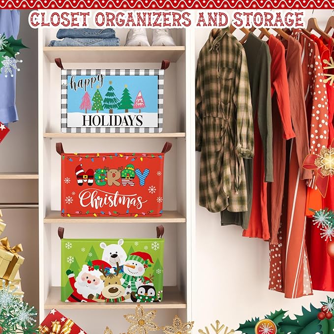 Boao 3 Pack Large Christmas Storage Baskets for Gifts Empty Collapsible Christmas Storage Bin with Handle, Xmas Canvas Laundry Basket for Home Bedroom Clothes Toys Closet Shelf Office Holiday Decor