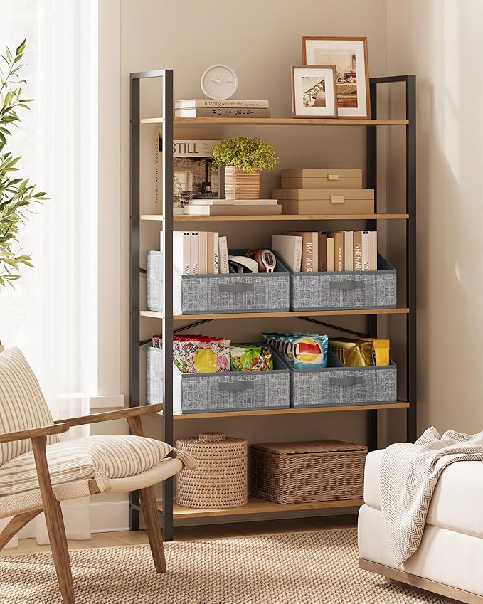 SONGMICS Set of 6 Storage Baskets, Foldable Storage Bins with Removable Dividers, Fabric Boxes, 15.7 x 11.8 x 7.9 Inches, Closet Organizers, 3 Handles, for Living Room, Cattail Gray URFB0140G01