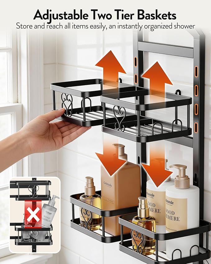 Orimade Adjustable Hanging Shower Caddy for Handheld Shower Heads, Rustproof Bathroom Shelf Organizer Over Showerhead Storage Rack with 8 Hooks, Easy-Clean Removable Baskets & Triple Anti-Slip Fixing