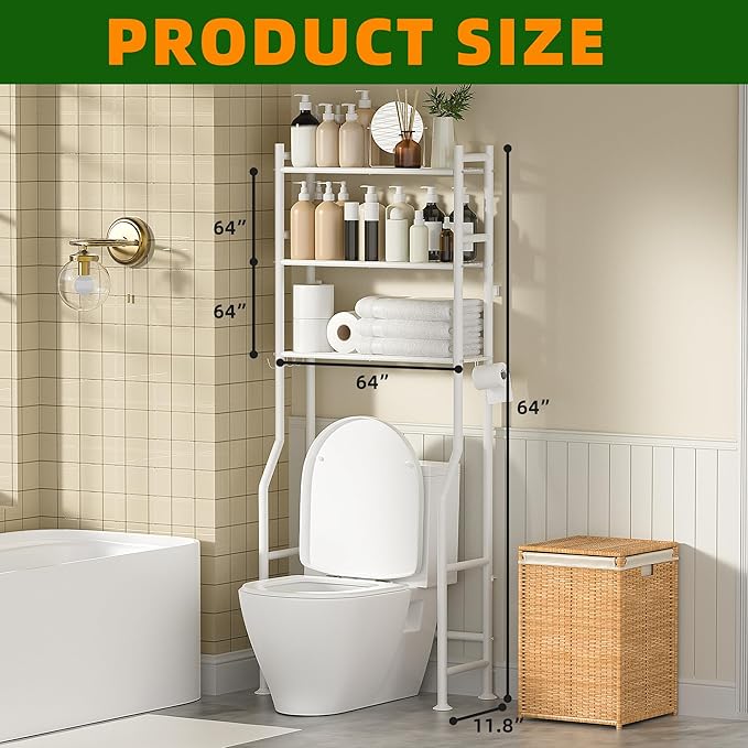 3-Tier Over The Toilet Storage, Space Saver Metal Bathroom Shelves, Freestanding Above Over Toilet Storage Shelf with 4 Hooks for Bathroom, White