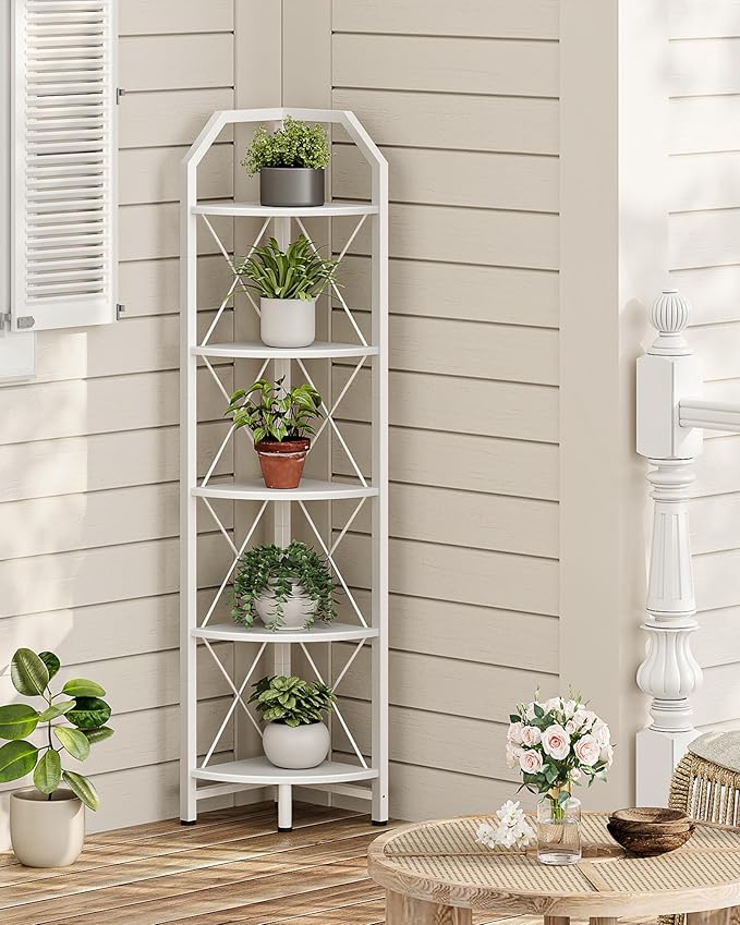 5-Tier Corner Shelf, Industrial Corner Bookshelf, 59.4" Corner Storage Stand, Plant Stand Display Shelf, Corner Bookcase for Bedroom, Living Room, Home Office, White TCJ10WB