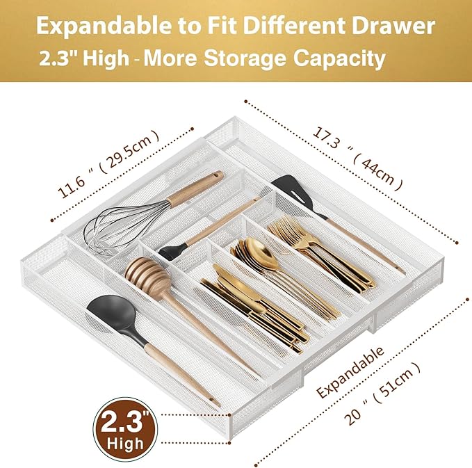 Silverware Organizer Metal Mesh, Large Drawer Organizer, Utensil Cutlery Tray for kitchen drawers, Expandable Flatware Organizer with 8 Compartment White 11.6"~20" x 17.3"