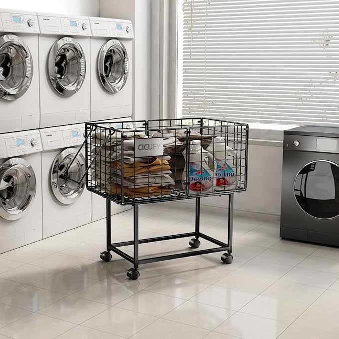 Rolling Laundry Cart, 80L Wire Laundry Hamper Basket on Wheels, Dirty Clothes Basket with Handle, Metal Clothes Hamper Organizer for Laundry Room, Bathroom, Bedroom, Dorm, Black