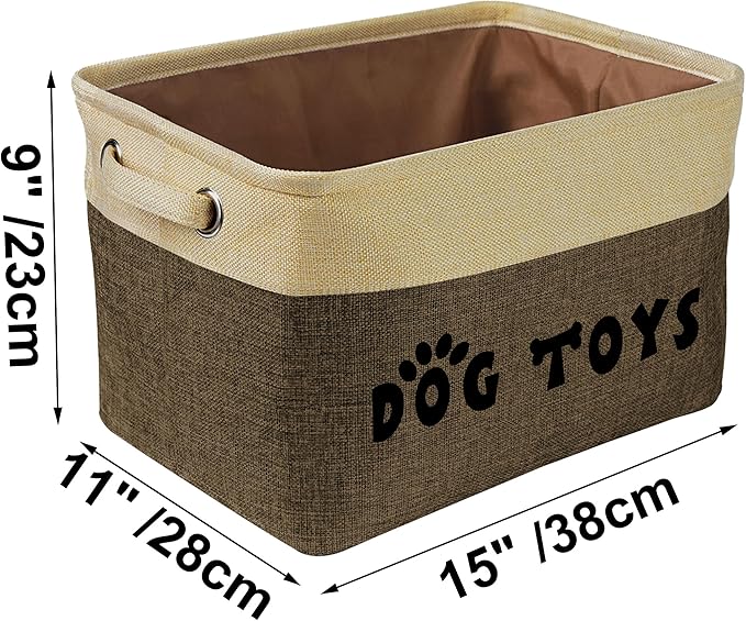 PET ARTIST Dog Toy Basket, Collapsible Dog Toy Bin Box with Comfortable Handles, Large Pet Toy Storage Organizer for Accessories, Toys, Coat & Clothing, Blanket & Leash, Brown, 15"x11"x9"
