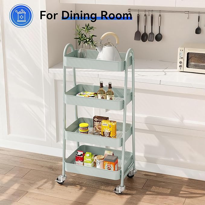 OLIXIS 4 Tier Utility Rolling Cart, Metal Mobile Storage Shelf with Lockable Caster Wheels, Organization for Livingroom, Bathroom, Kitchen, & Narrow Places, 4-Tier Green