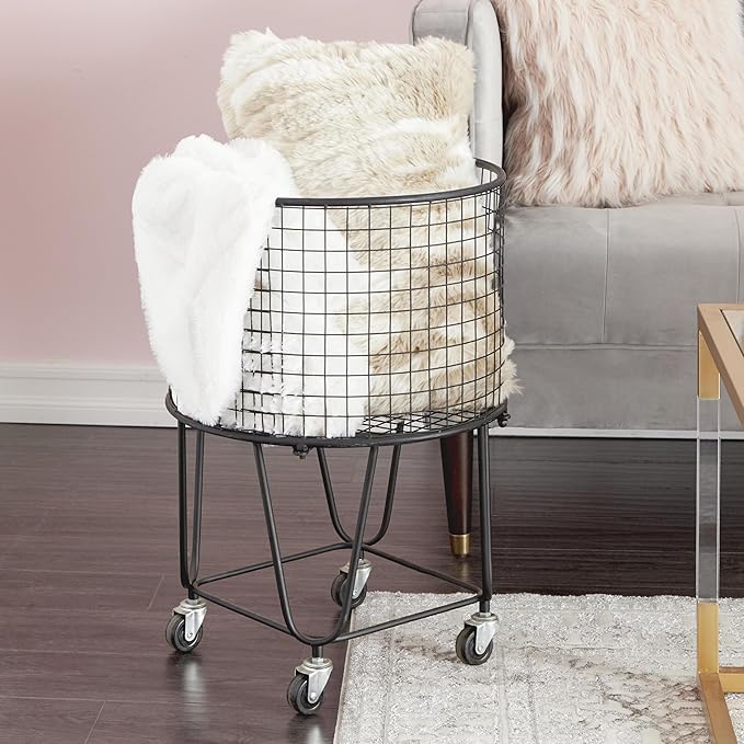 CosmoLiving by Cosmopolitan Metal Storage Cart Deep Set Rolling Mesh Laundry Basket , 18" x 18" x 24", Black