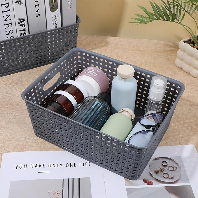 Pack of 4 Plastic Storage Basket, Grey Desktop File Paper Letter Organizer Tray,Plastic Baskets for Organizing（11.4"X9"X4.7"）