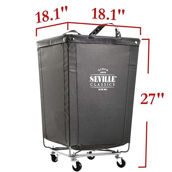 Seville Classics Large Commercial Heavy Duty Rolling Steel Frame Laundry Hamper Canvas Cart Bin, w/ Wheels for Hotel, Home, Closet, Bedroom (PATENTED), Gray, 18.1" D x 18.1" W
