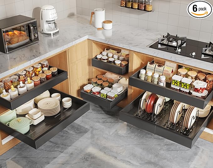 6 Pack Pull Out Cabinet Organizers 21" Deep With Raising Pad for Framed Cabinets, Expandable Slide Out Drawers with 4pcs Divider Racks, Roll Out Shelves, Adjustable Width 12"-20.45" Black