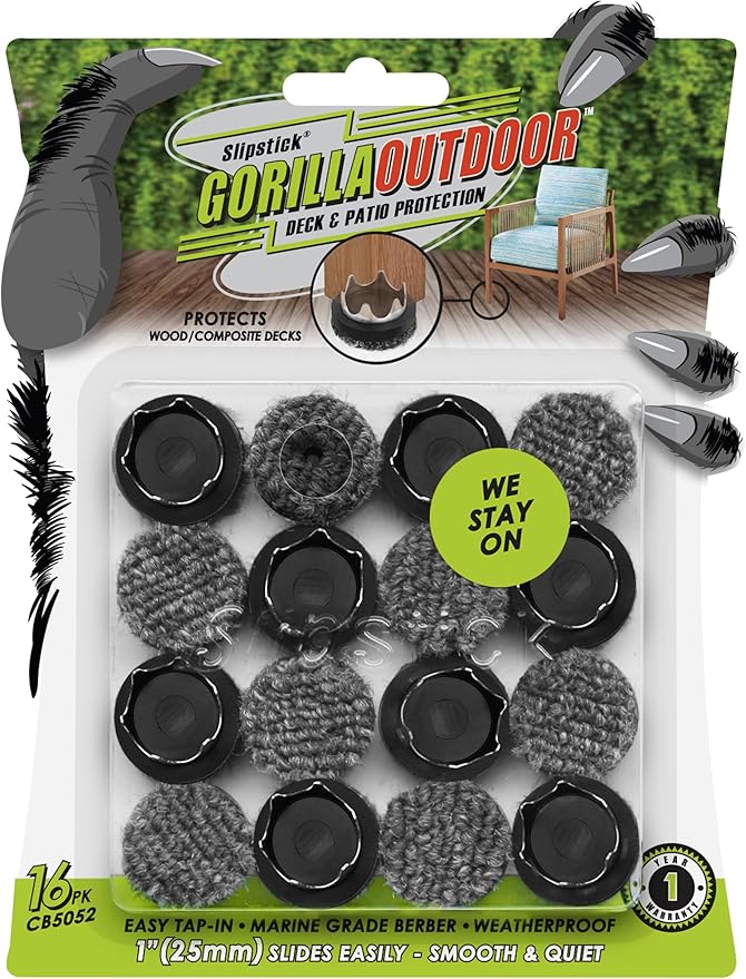 GorillaOutdoor 1 inch Round Furniture Feet Floor Protectors/Weatherproof Berber Glides for Furniture (Set of 16) Tap On Furniture Pads for Outdoor & Indoor Use