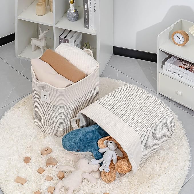 Storage Baskets for Clothes Fabric Cotton Rope Storage Basket with Handles, Decorative Woven Basket for Living Room,Closet Organizer Blankets, and 2bags (White/Black Line, L16×W11.4×H15.9)