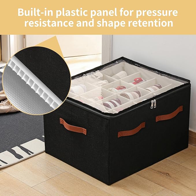 Shoe Organizer for Closet, Foldable Large Shoe Storage Box with Clear Cover, Removable Partitions and Bottom are Supported by Plastic Boards (Black, 20.5“Lx16.9 Wx13'H)