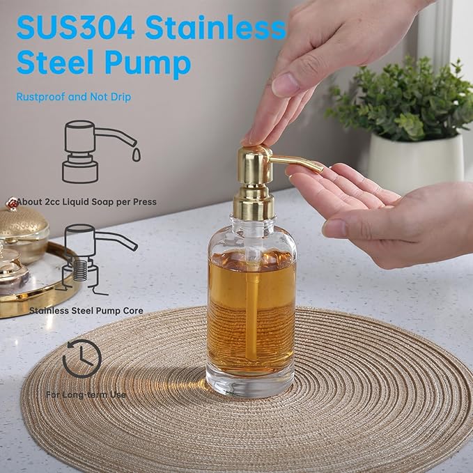 Bathroom Soap Dispenser Brushed Gold, 11 oz Glass Cylindrical Bottles with Stainless Steel Pump Liquid Hand Soap Dispenser Kitchen