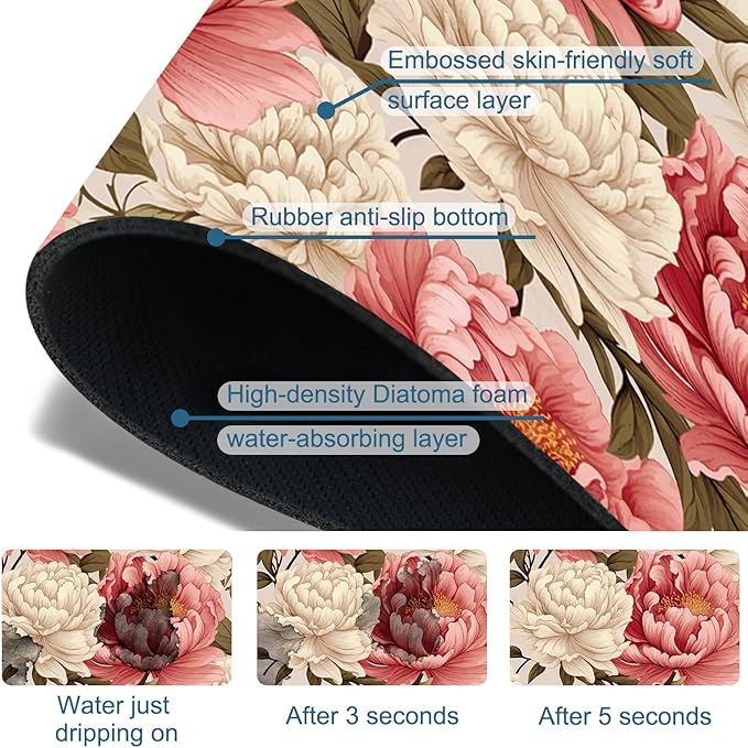 Beautiful Peony Sink Splash Guard Bright Peonies Faucet Absorbing Mat Fast Drying Mat Sink Gadgets Splash Guard Behind Faucet Drip Catcher for Kitchen Bathroom, 15.5"x5.5"