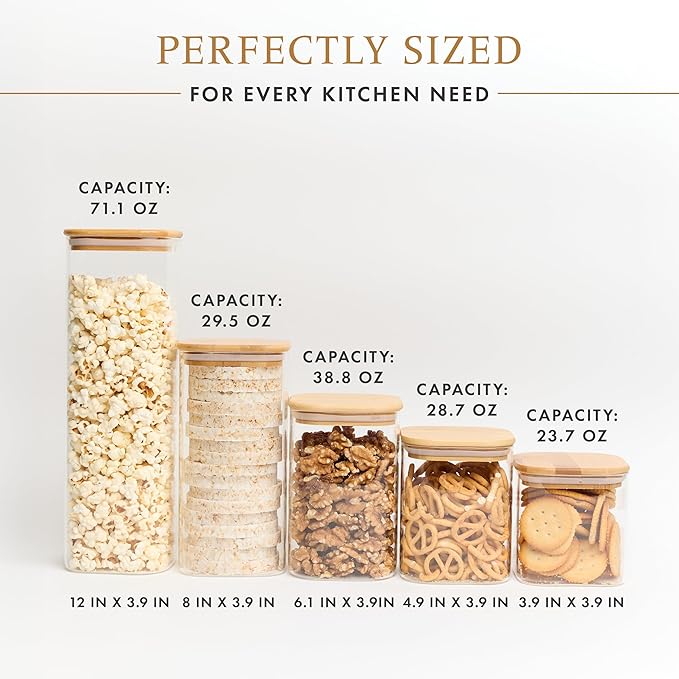 Livabl Glass Pantry Storage Containers with Lids- 165 Pantry Labels– Set of 5 various Sizes- Glass Canisters with bamboo lids-Perfect Pasta, Flour food Storage Containers-Airtight-Kitchen Canisters