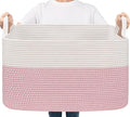 Goodpick Large Woven Blanket Basket 21.6" x 14.9" x 11.8" Storage Baskets for Organizing, Baby Laundry Hamper for Nursery Bedroom, Soft Toy Storage Baskets for Kids Girls, White & Pink