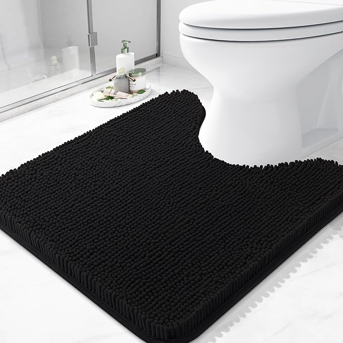 Arotive Bathroom Toilet Rugs U Shaped 24x24, Extra Soft Absorbent Shaggy Chenille Contour Bath Rugs for Toilet, Machine Washable Non-Slip Contoured Bath Mats, Black