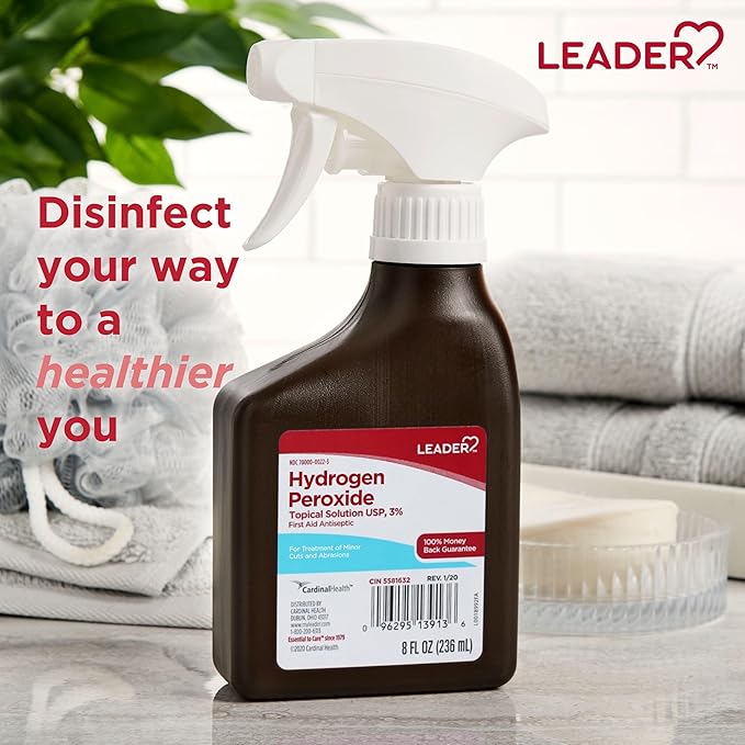 LEADER Hydrogen Peroxide Spray Bottle First Aid Antiseptic 3% Solution – Multi-Purpose Cleaner, Gentle & Effective Disinfectant Spray for Home, Cuts, and Scrapes, Easy-to-Use 8 oz Bottle
