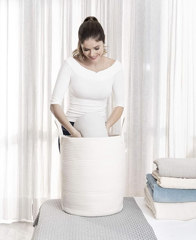 OrganiHaus Large Off-White Woven Laundry Basket w/Handles 52L, Rope Dirty Clothes Hamper, Blanket Basket for Living Room, Baby Laundry Hamper for Nursery, Soft & Durable Decorative Organizer Bin