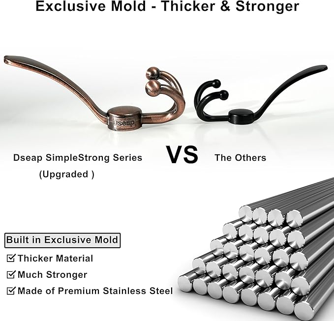 Dseap Over Door Hook 2.0 - Upgraded Version - Simple-Assembly, Strong, Heavy-Duty Stainless Steel 5-Tri-Hook Over The Door Hanger Rack, SimpleStrong Series, Antique Copper, Pack of 2