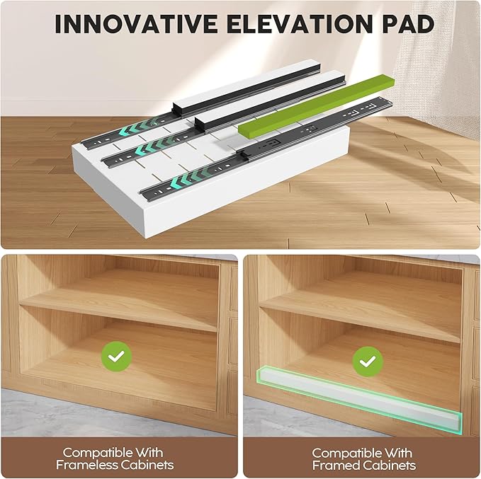 4 Pack Pull Out Cabinet Organizers 21" Deep With Raising Pad for Framed Cabinets, Expandable Width (9"-14") Slide Out Drawers Upgrade 3 Slide Rails, Roll Out Shelves Adhesive, White