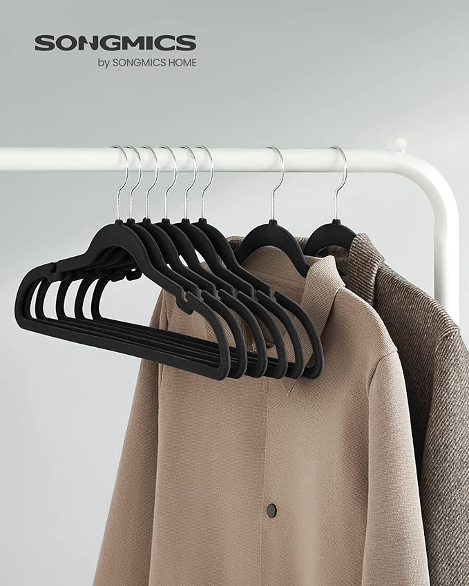 SONGMICS Velvet Hangers 100 Pack, Non-Slip Clothes Hangers with Shoulder Notches, Pants Bar, 360° Swivel Hook, Space-Saving, for Closet, Ink Black UCRF029B010