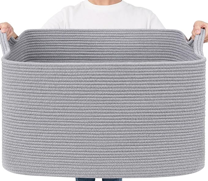 Goodpick 85L Large Woven Blanket Basket 23.6" x 15.7" x 13.8" Cotton Rope Storage Organizer for Dirty Clothes Pillows, Rectangle Toy Storage Basket for Nursery Bedroom, Gray