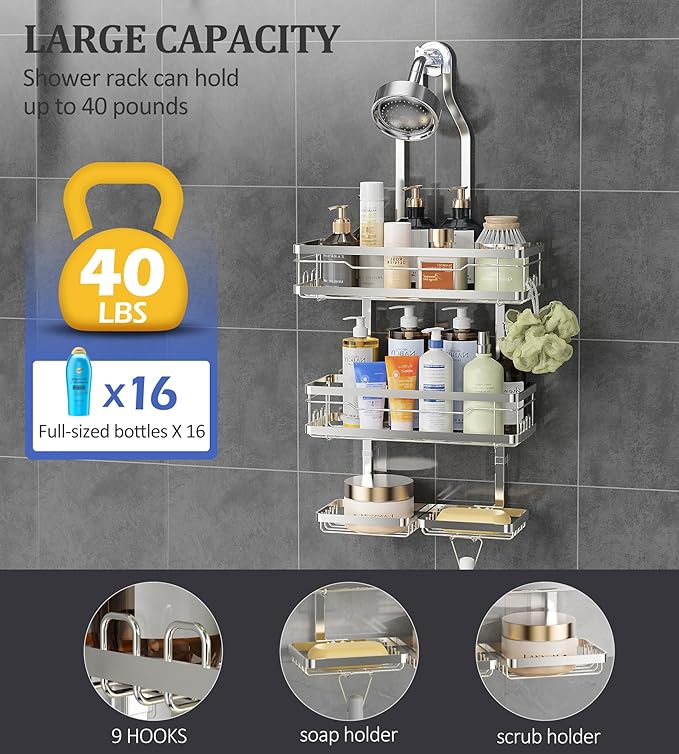 OMAIRA Shower Caddy Hanging with Soap Scrub Holder, Stainless Steel Adjustable No Drilling Non-Slip Large Capacity Sturdy Over Shower Head Shower Organizer Inside Shelves Bathroom Storage Rack, Silver
