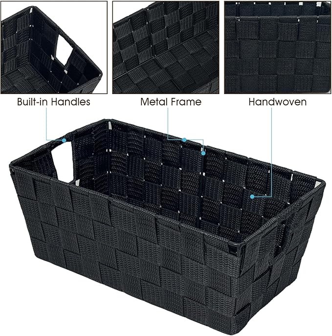 homyfort Black Storage Baskets for Shelves, Woven Shelf Baskets for Organizing, Small Strap Organizer Basket for Bathroom Storage, Set of 4