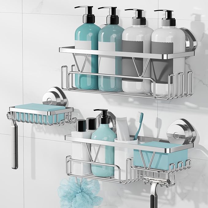 KEGII Suction Cup Shower Caddy – 3 Pack Suction Cup Shelf with Soap Holder & Hooks, Rustproof Stainless Steel Shower Organizer Rack, Removable No Drilling Bathroom Storage Rack, Silver