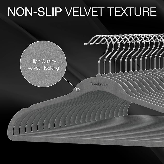 BROOKSTONE, [25 Pack] Velvet Hangers, [Non-Slip] 360° Swivel Hook, Lightweight & Slim, Strong & Durable, Space Saving Design, Heavy Duty, Won’t Stain Fabric