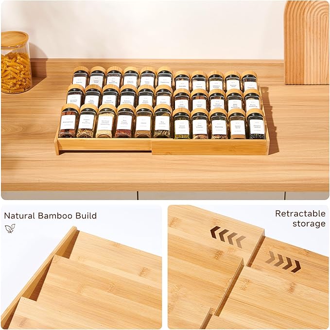 Expandable 3-Tier Bamboo Spice Rack Organizer (12"-21" W, 13.5" D, 3.7" H) Adjustable for Kitchen Drawers, Cabinets, Countertops, Pantry Shelves & Cupboards, No Jars Included