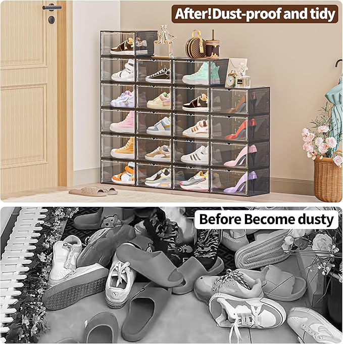 TOFWOF 12 Pack XX Large Shoe Organizer, Heavy-Duty Hard Thicken Plastic Clear Stackable Shoe Storage Box Organizer for Closet, Space-Saving Shoe Rack Display Case Bin Containers for Sneakers, Grey