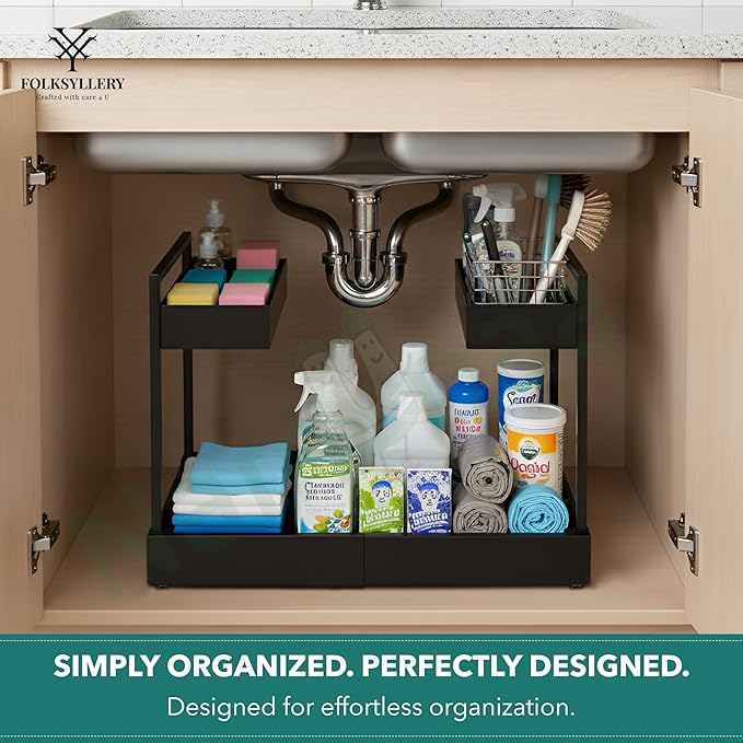Expandable Under Sink Organizer, 2-Tier Height Adjustable Sliding Rack, Carbon Steel Frame with Ball-Bearing Slides, 12.8”–20.5” Width for Kitchen & Bathroom(Does Not Fit Cabinets with Middle Divider)