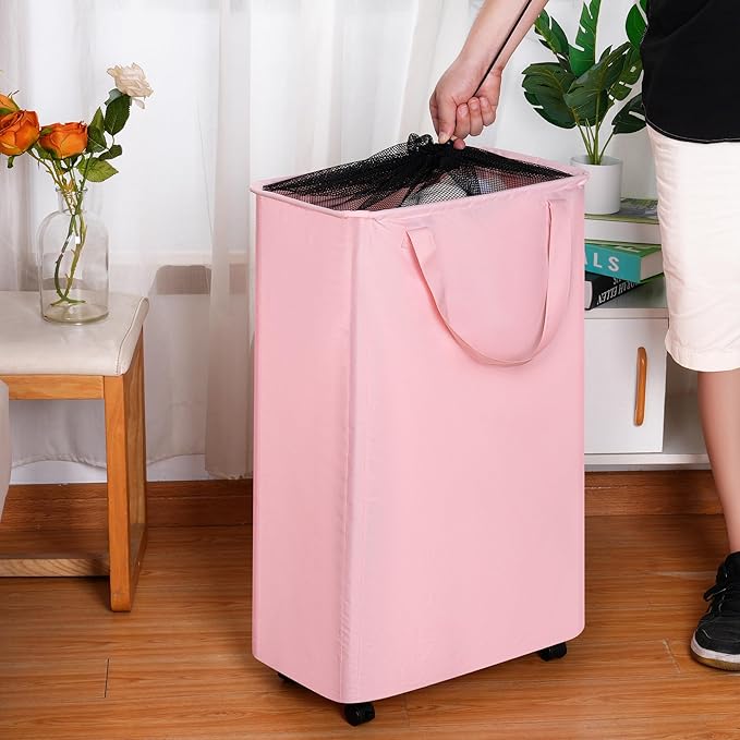 efluky Slim Laundry Hamper with Wheels, Rolling Laundry Basket for Clothes, Small Laundry Basket for Bedroom, Dorm and Laundry Room, 75L (19.8 Gallons) Pink