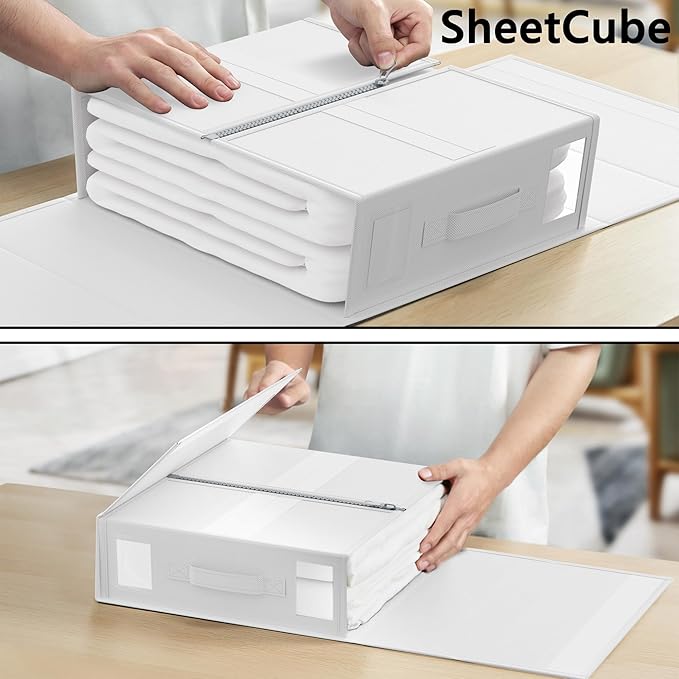 SheetCube Bed Sheet Organizers and Storage 4 Pack, Foldable Linen Closet Organizer with Window and Label, Bedding Folder Storage Box Container for Blanket, Duvet Cover Set, Bed Sheet Set - White