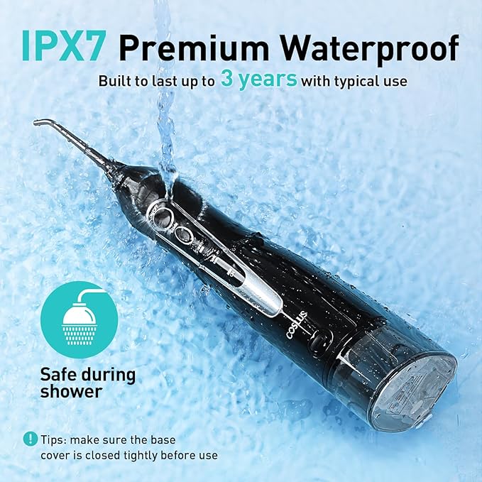 COSLUS Water Dental Flosser Teeth Pick C20(F5020E): Portable Cordless Oral Irrigator 300ML Rechargeable Travel Irrigation Cleaner IPX7 Waterproof Electric Flossing Machine for Teeth Cleaning