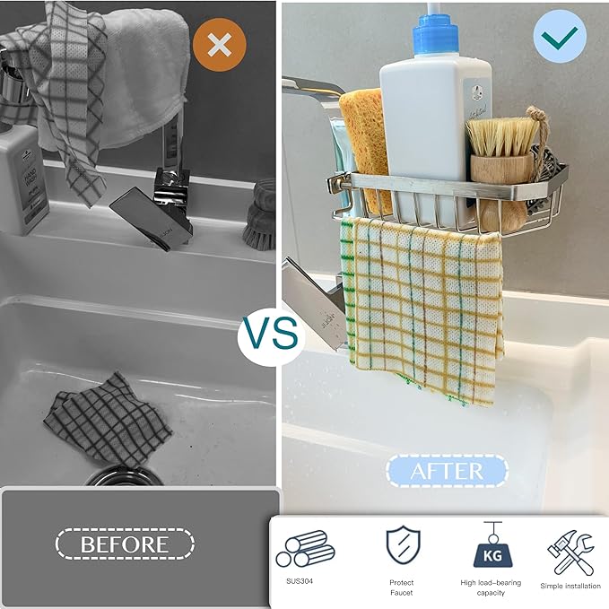 Sponge Daddy, Kitchen Sponge Holder, Bathroom Sink Organizer, Shower Caddy Suction Cup, Bottle Organizer, Hanging Organizer, Kitchen Rack, Organizers and Storage for Square Faucet (SQUARE RIGHT)