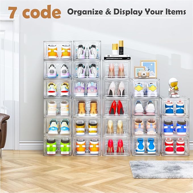 12 Pack Clear Shoe Storage Organizer with Magnetic Door,Stackable Plastic Shoe Boxes for Sneakers,Boots,and Heels,Space-Saving Foldable Shoe Rack for Closet,Durable Shoe Cabinet Organizer,White