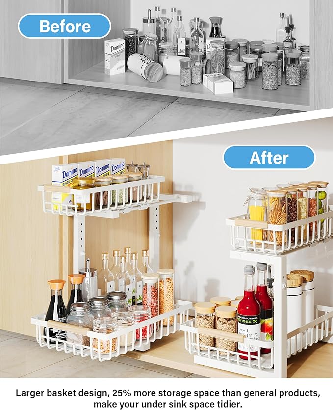 Under Sink Organizer Storage for Families: Pull Out Storage Undersink Organizers Drawer Cabinet - Sliding 2 Tier Rack Metal Organization Under Counter Kitchen Bathroom for Homemakers(White,2 Pack)