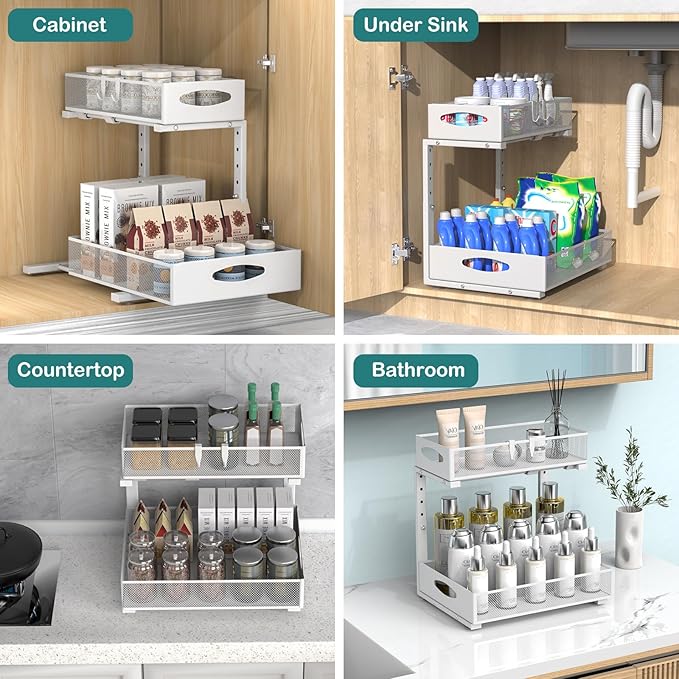 Housolution 1 Pack Large Under Sink Organizer, 2 Tier Metal Pull Out Under Sink Storage with Sliding Mesh Drawers, Height Adjustable Slide Out Under Cabinet Organizer for Kitchen Bathroom, White